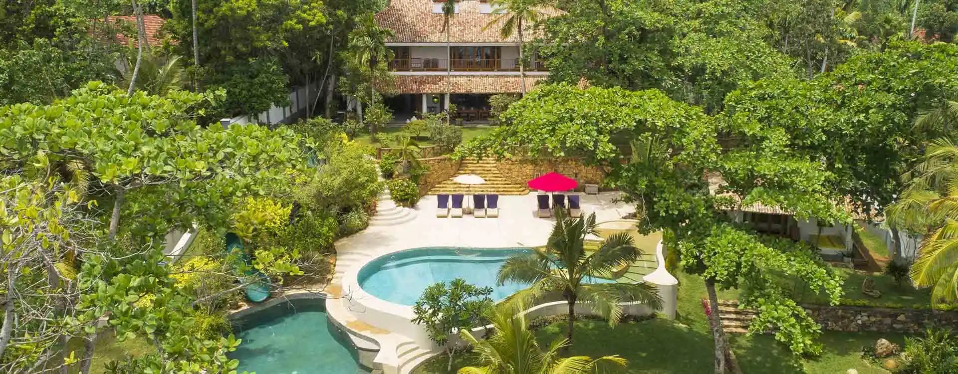 The aerial view of Meda gedara with the pool, Sri Lanka