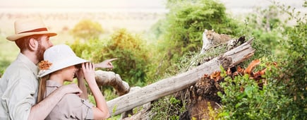 Young couple watching with binoculars african leopard.Copy space, lens flare