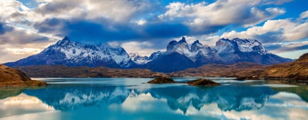 The Torres del Paine National Park sunset view. Torres del Paine is a national park encompassing mountains, glaciers, lakes, and rivers in southern Patagonia, Chile.