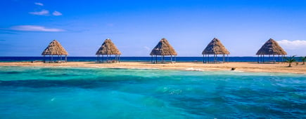 A row of thatched palapas on golden sand on the tiny island of Rendezvous Caye in the Belize Barrier Reef, off the coast of Belize, Central America
