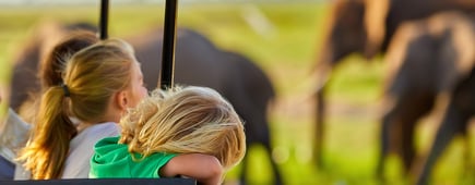 Kids on African safari vacation enjoying wildlife viewing