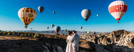 Honeymoon trip in Cappadocia,Turkey. Flying balloons at sunrise