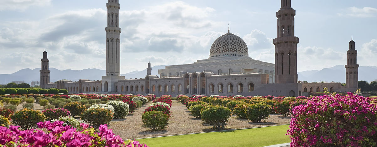 Garden view of the Sultan Qaboos Grand Mosque in Muscat, Oman