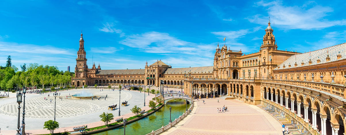 A panoramic view of the Plaza de Espana in Sevilla, Andalucia, Spain