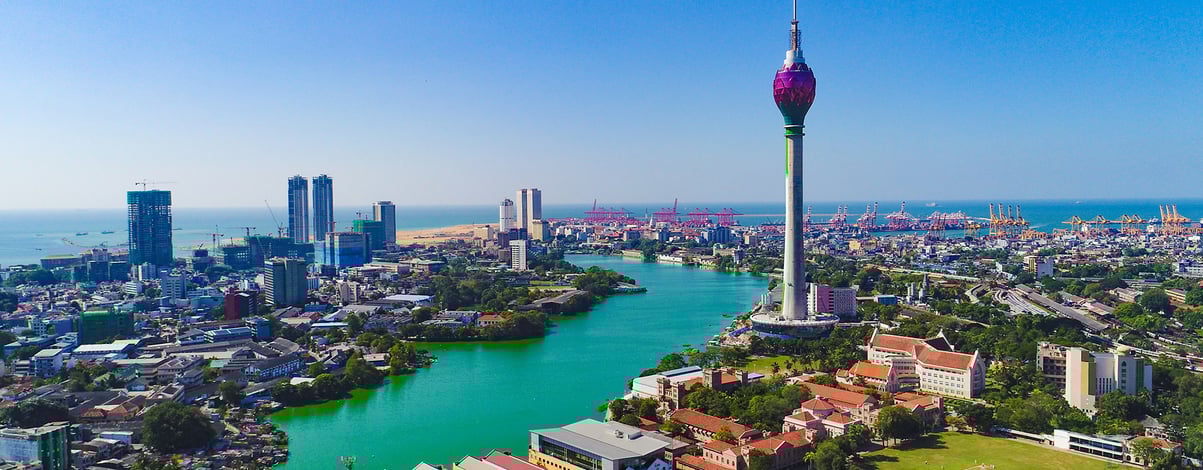 View of the Colombo city skyline with modern architecture buildings including the lotus towers. BOC, world trade center, shangri la
