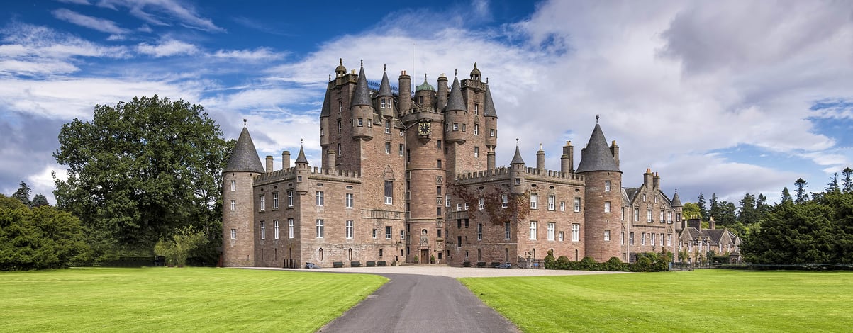 View of Glamis Castle in Scotland, United Kingdom. Glamis in Angus. Home of the Countess of Strathmore and Kinghorne.