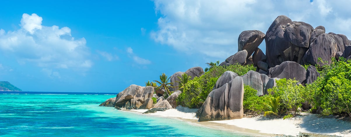 Anse Source d'Argent - granite rocks on tropical island La Digue in Seychelles
