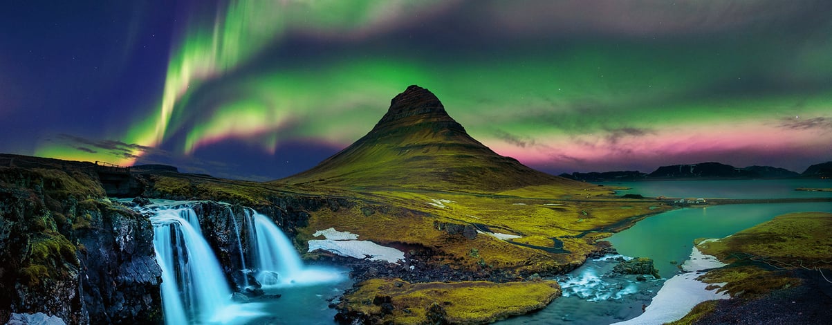 Northern Light, Aurora borealis at Kirkjufell in Iceland. Kirkjufell mountains in winter.