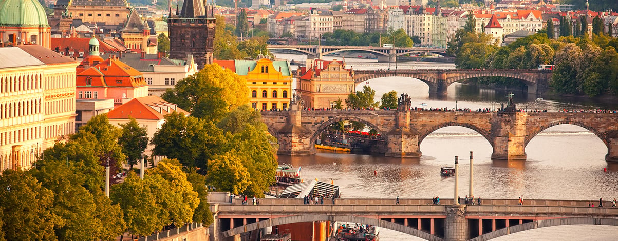 Scenic view on Vltava river and historical center of Prague