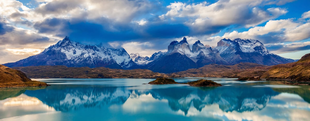 The Torres del Paine National Park sunset view. mountains, glaciers, lakes, and rivers in southern Patagonia, Chile