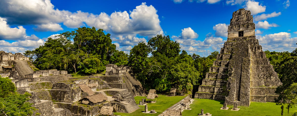 Guatemala. Tikal National Park on UNESCO World Heritage Site. The Grand Plaza with the North Acropolis and Temple I