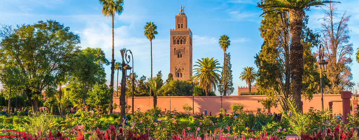 View of Koutoubia Mosque and garden in Marrakesh, Morocco
