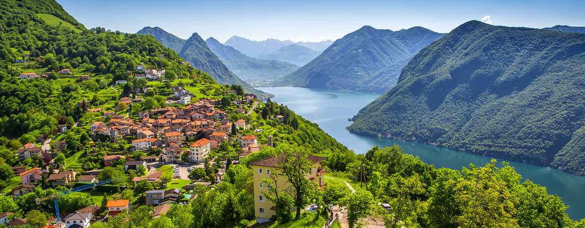 View to Lugano city, Lugano lake and Monte San Salvatore from Monte Bre, Ticino, Switzerland