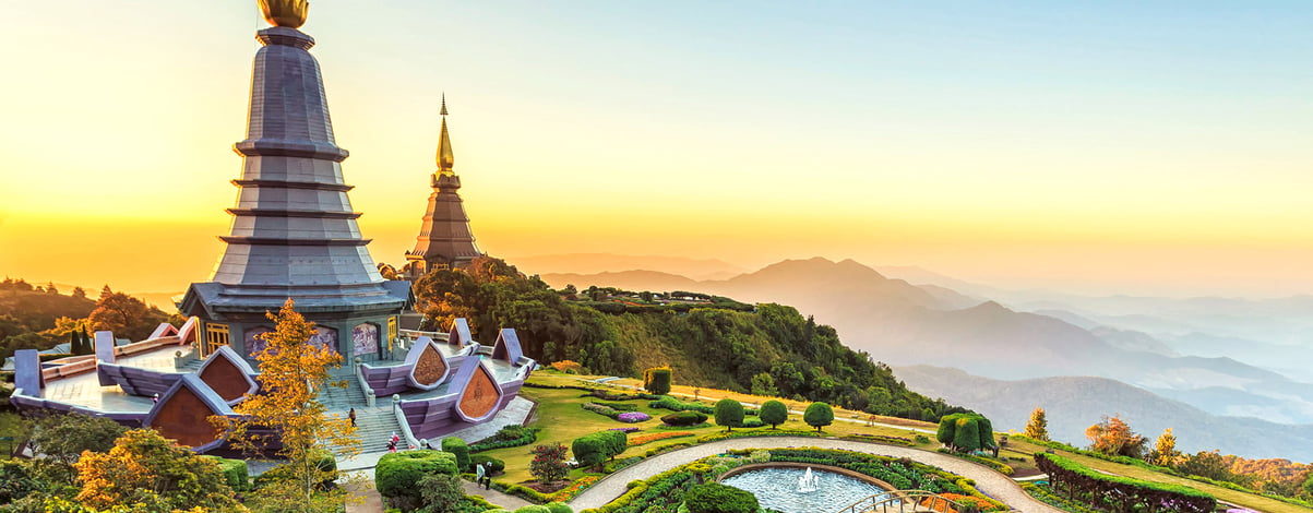 Landscape of two pagoda at the Inthanon mountain at sunset, Chiang Mai, Thailand