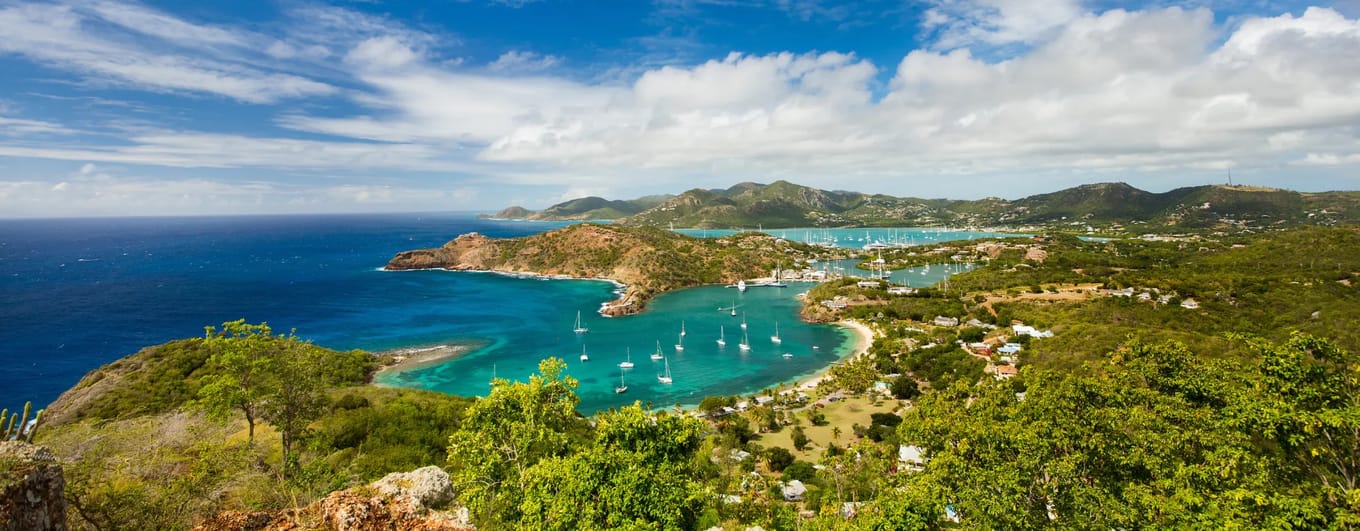 View of Antigua in the Caribbean showing beautiful bays and sailing boats