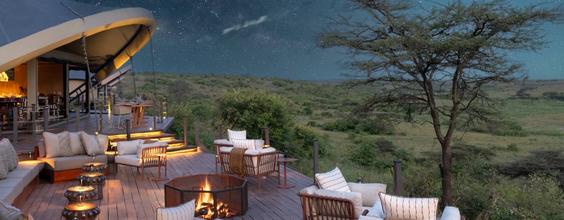 The boma terrace at night at Mahali Mzuri in Kenya