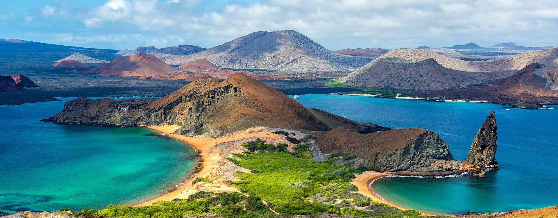 View of two beaches on Bartolome Island in the Galapagos Islands in Ecuador