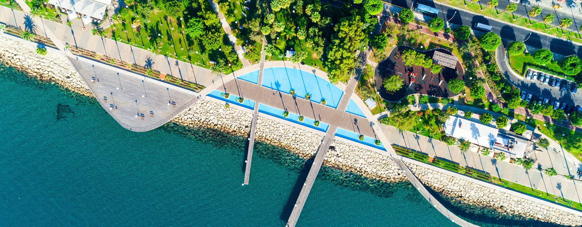 Aerial view of Molos Promenade park on coast of Limassol city centre,Cyprus.