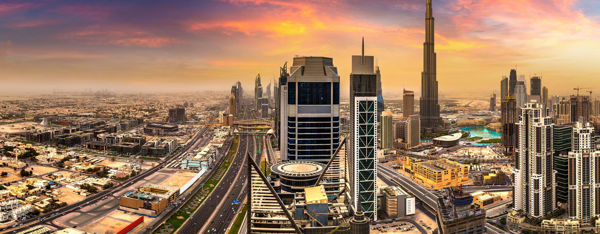 Panorama of downtown Dubai in a summer day, United Arab Emirates