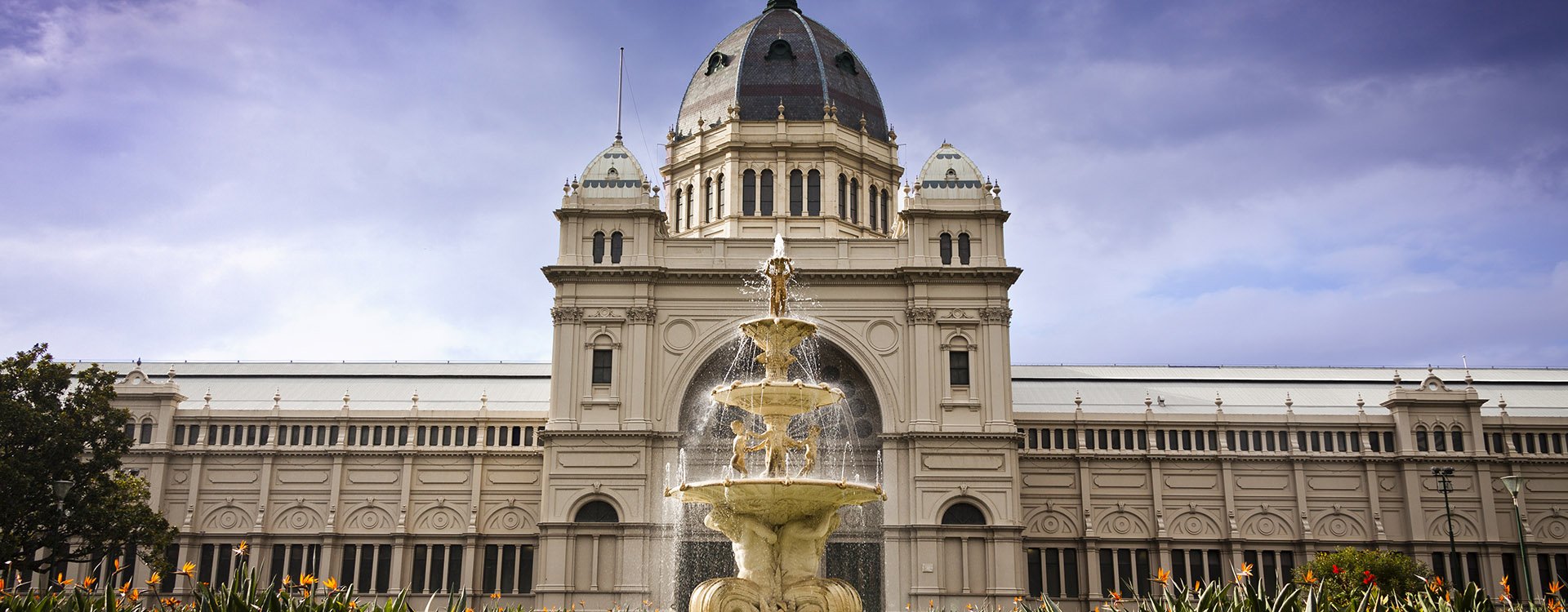Royal Exhibition Building behind Carlton Gardens in Melbourne, Victoria, Australia. UNESCO world heritage status