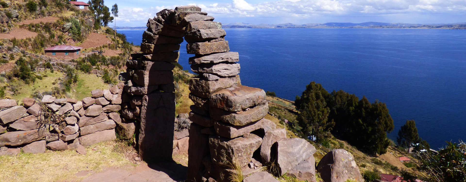 Panoramic view from Village on Taquile island in Titicaca lake, Peru. South America