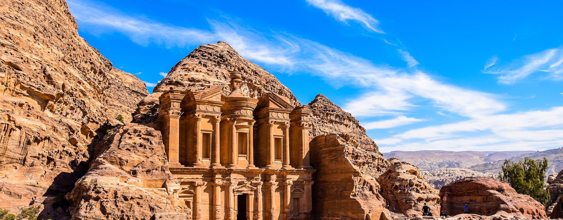 Highlight of Petra, the amazing Ad Deir, The Monastery with blue sky