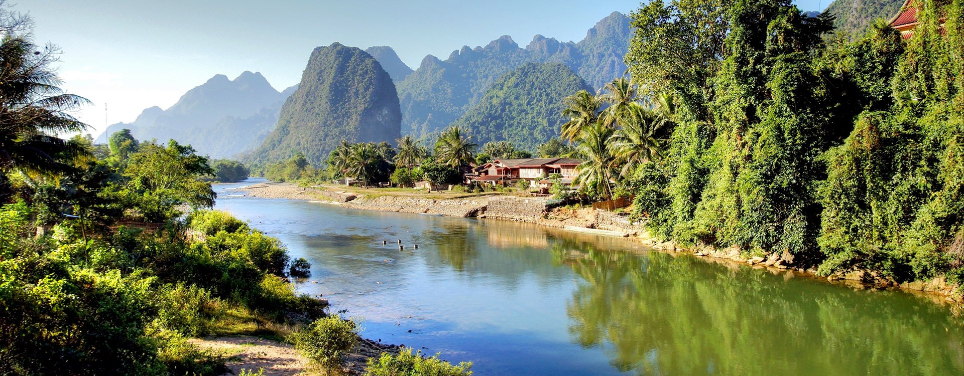 Surreal landscape by the Song river at Vang Vieng, Laos