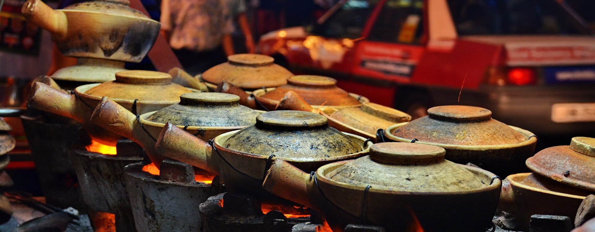 Claypot on coal stoves, traditional food Kuala Lumpur Malaysia