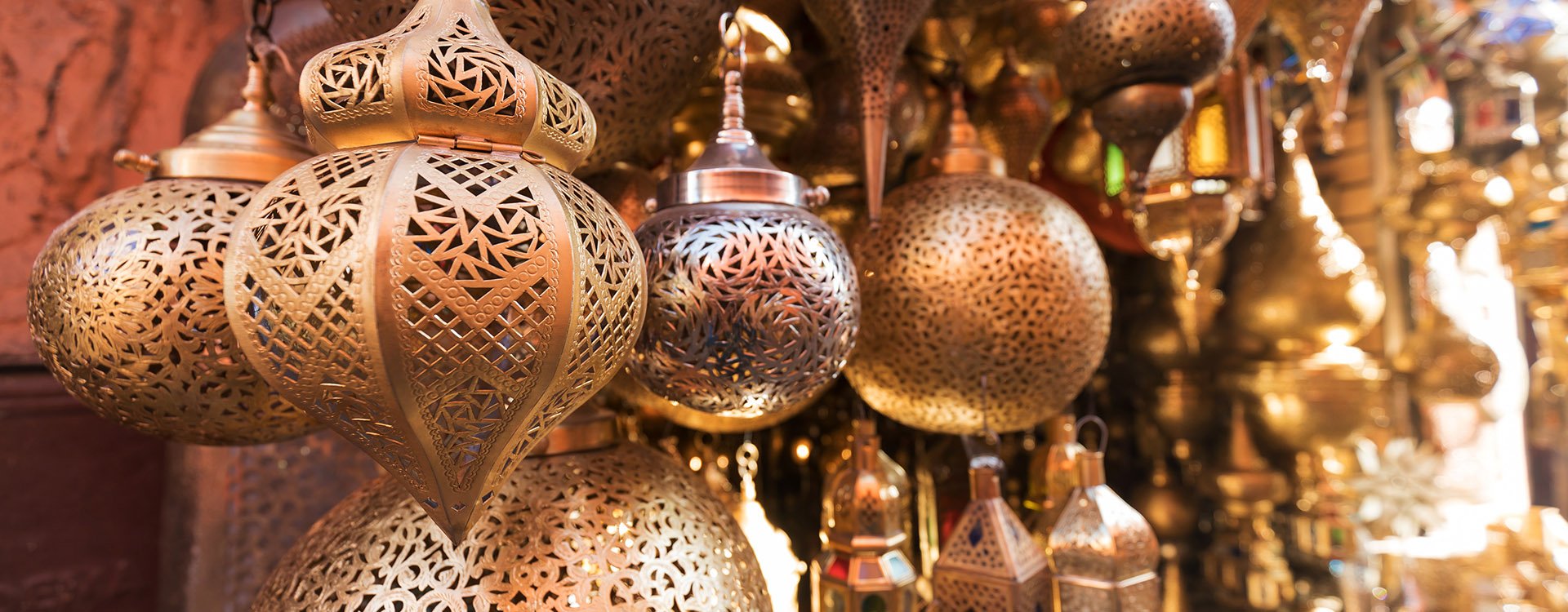 Moroccan style hanging lamps at the market in medina, Marrakech. Traditional moroccan market.