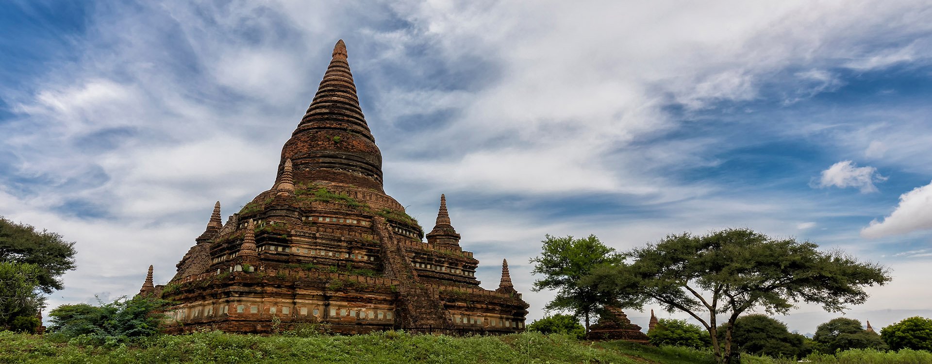 Myanmar Bagan temple on a clear on grassland