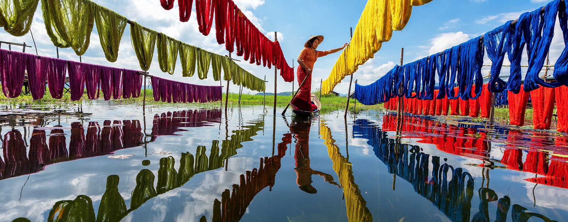 Handcrafted colorful made from lotus fibers in Inle Lake, Shan State in Myanmar