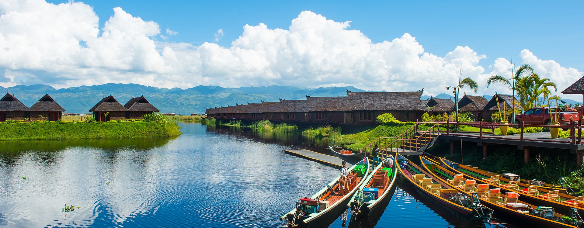 River boats on Inle lake shan state Myanmar on a clear sunny day
