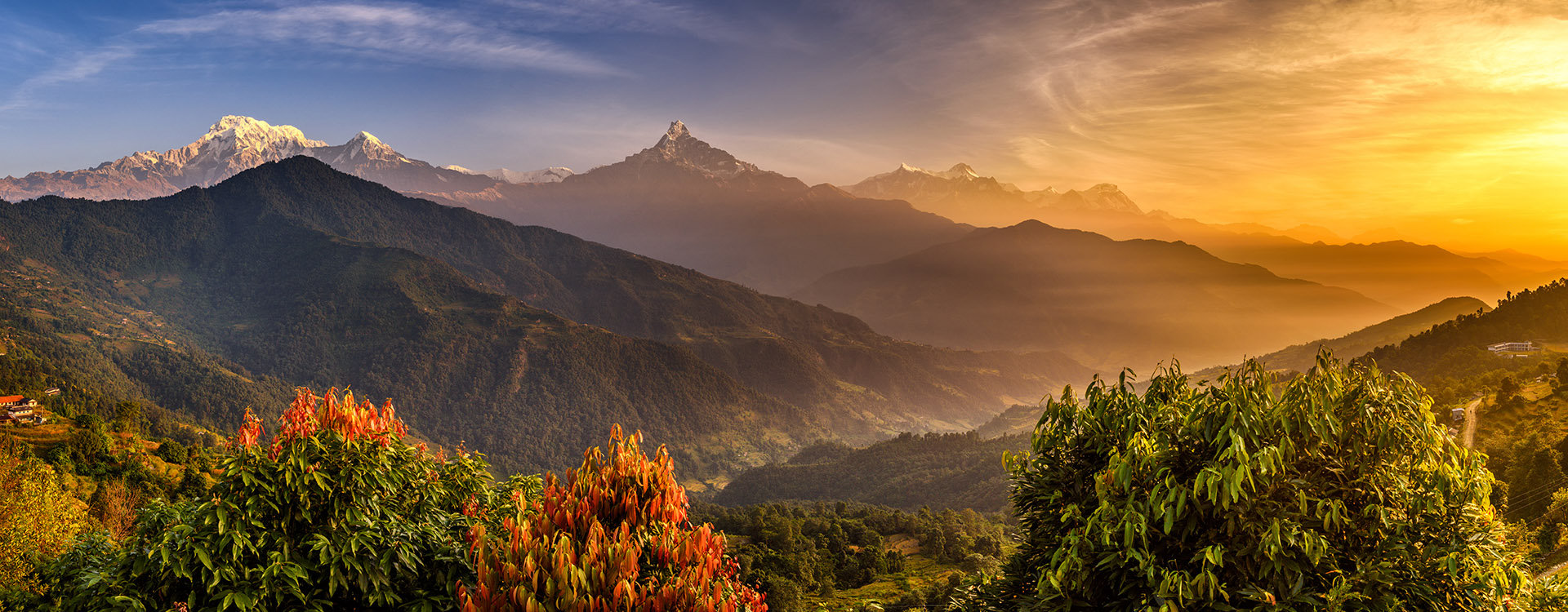 Sunrise over Annapurna. Mountains in the Himalayas near Pokhara in Nepal