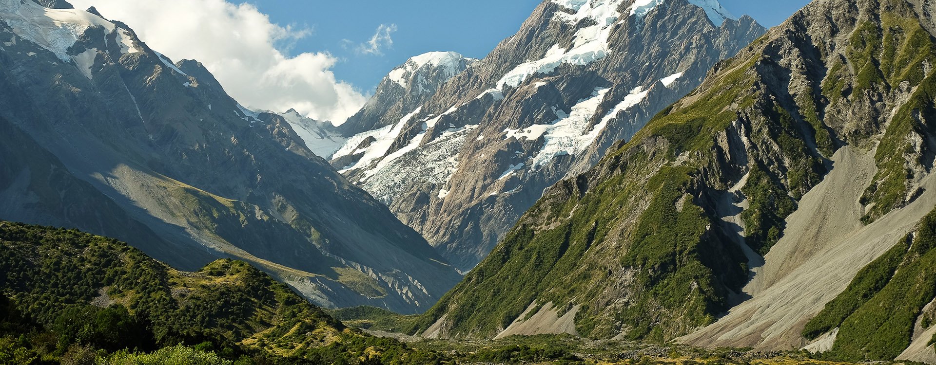 Mt. Cook and Hooker Valley From The Village. Mt. Cook National Park, Southern Alps, New Zealand