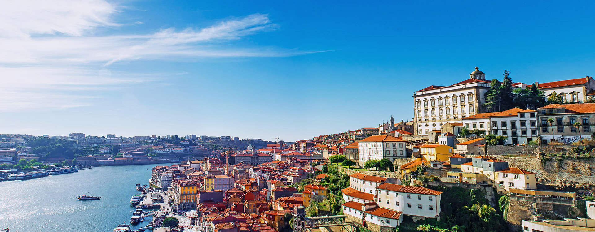 Porto, Portugal old town skyline from Dom Luis bridge on the Douro River