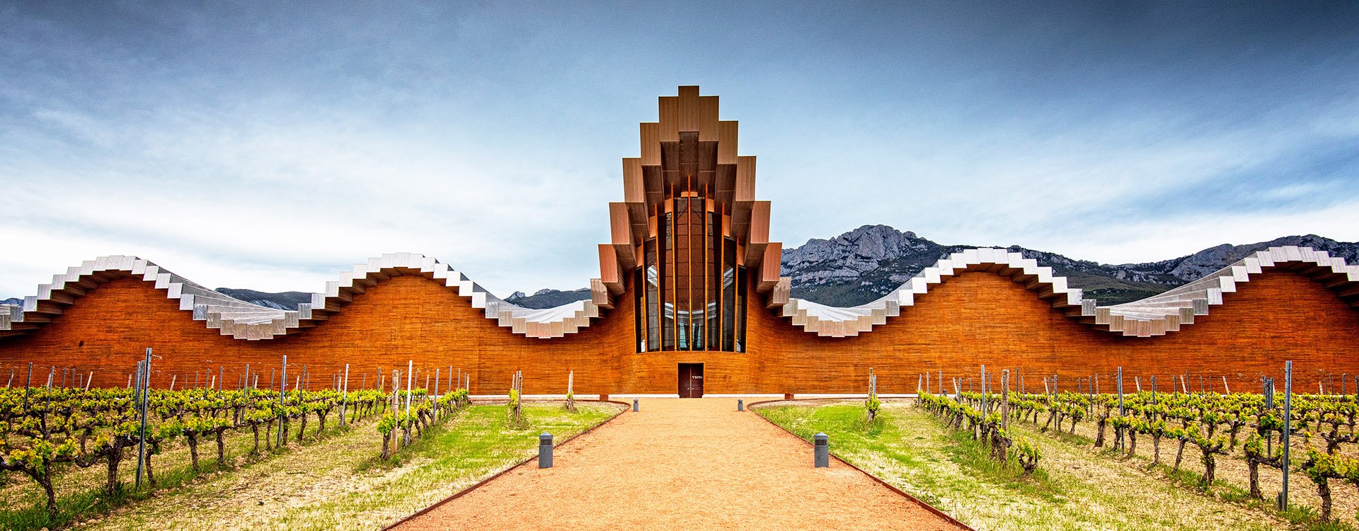 The modern winery of Ysios in Laguardia, Basque Country, Spain, designed by Santiago Calatrava, built in 2001