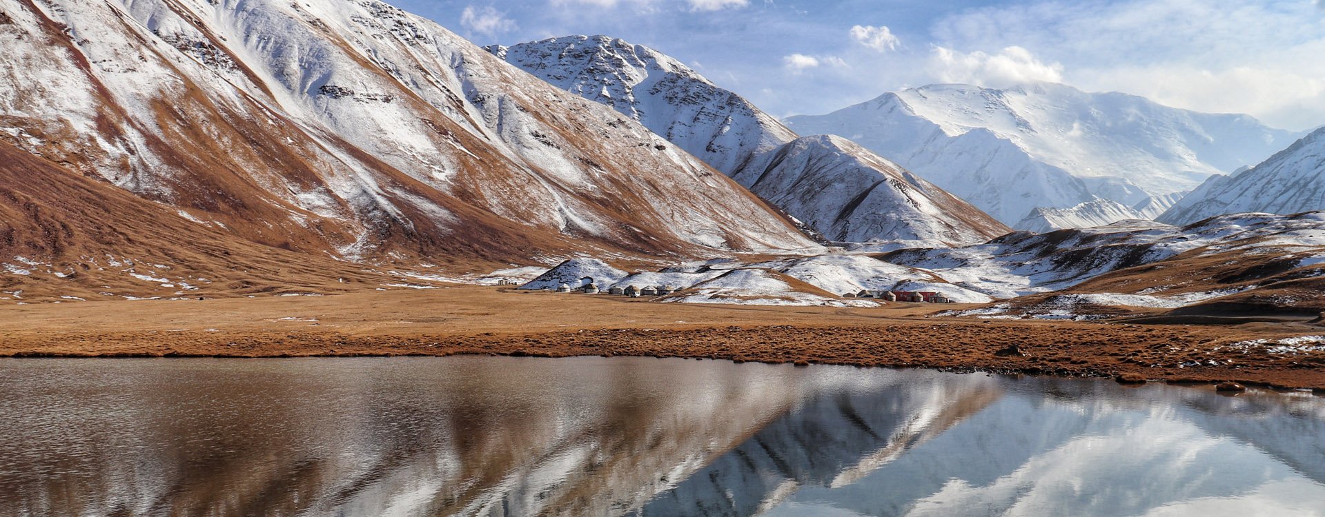 A yurt camp lies at the basis of the Lenin peak in Tajikistan, on the Kyrgyzstan border. Pamir Highway