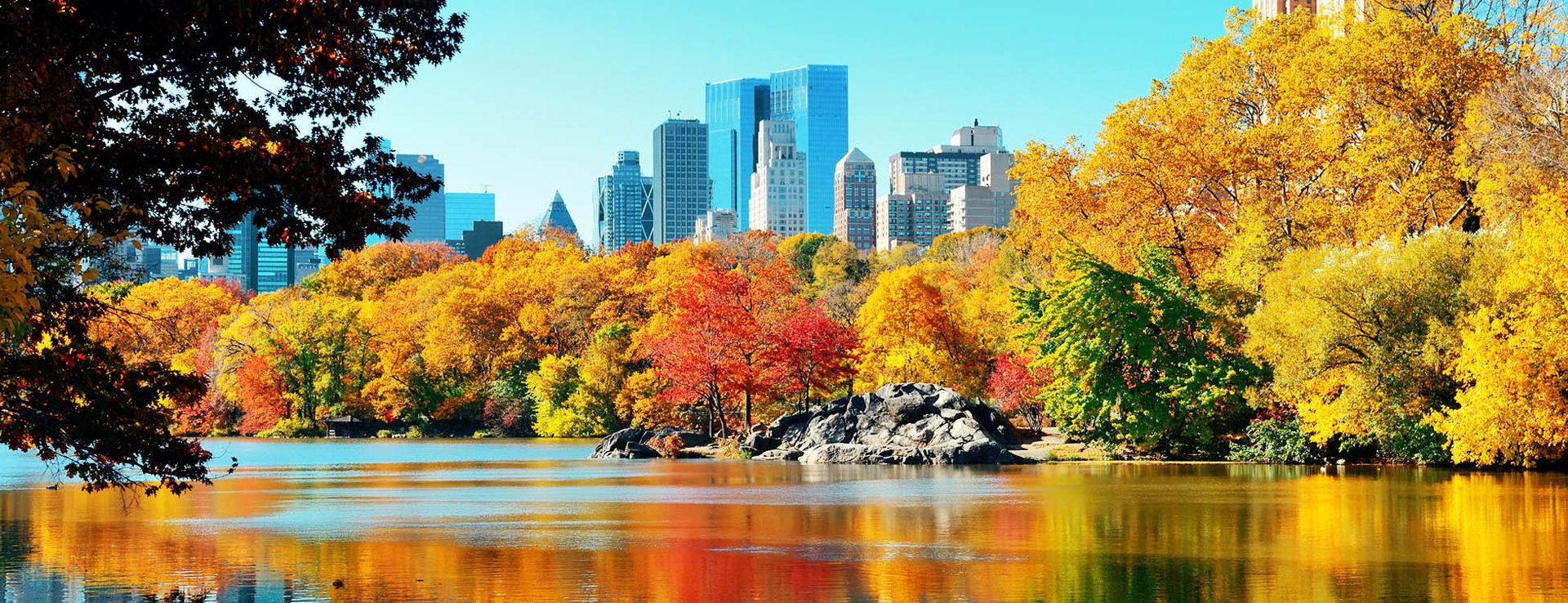 Central Park Autumn and buildings reflection in midtown Manhattan New York City