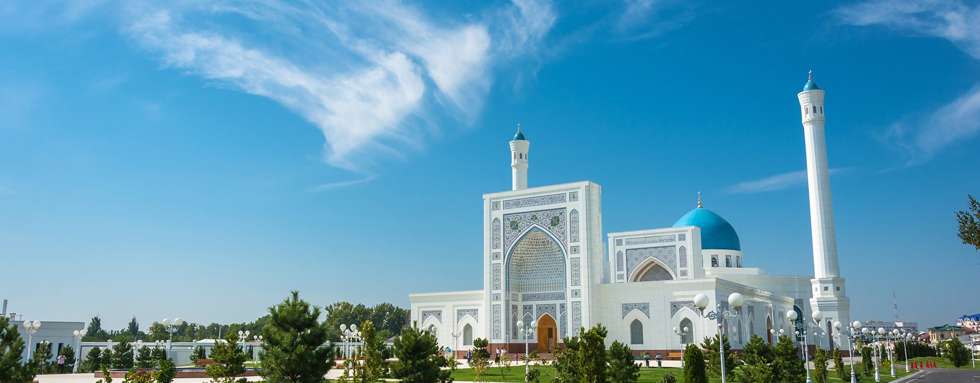Beautiful white Minor mosque in Tashkent on a sunny day, Uzbekistan
