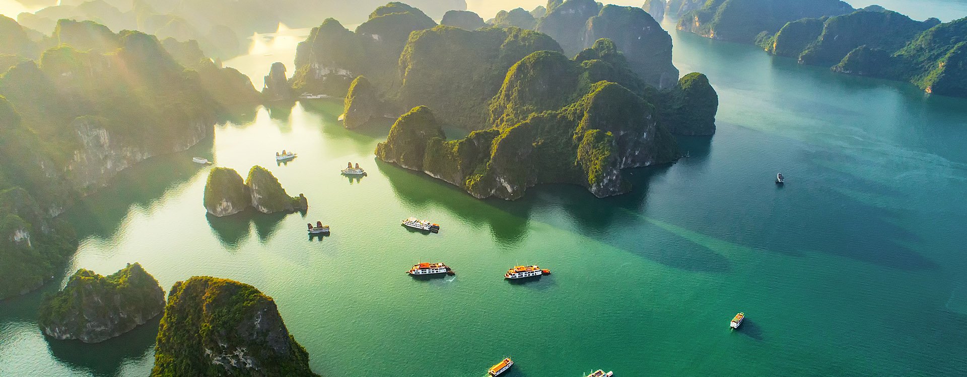 Aerial view floating fishing village and rock island, Halong Bay, Vietnam, Southeast Asia