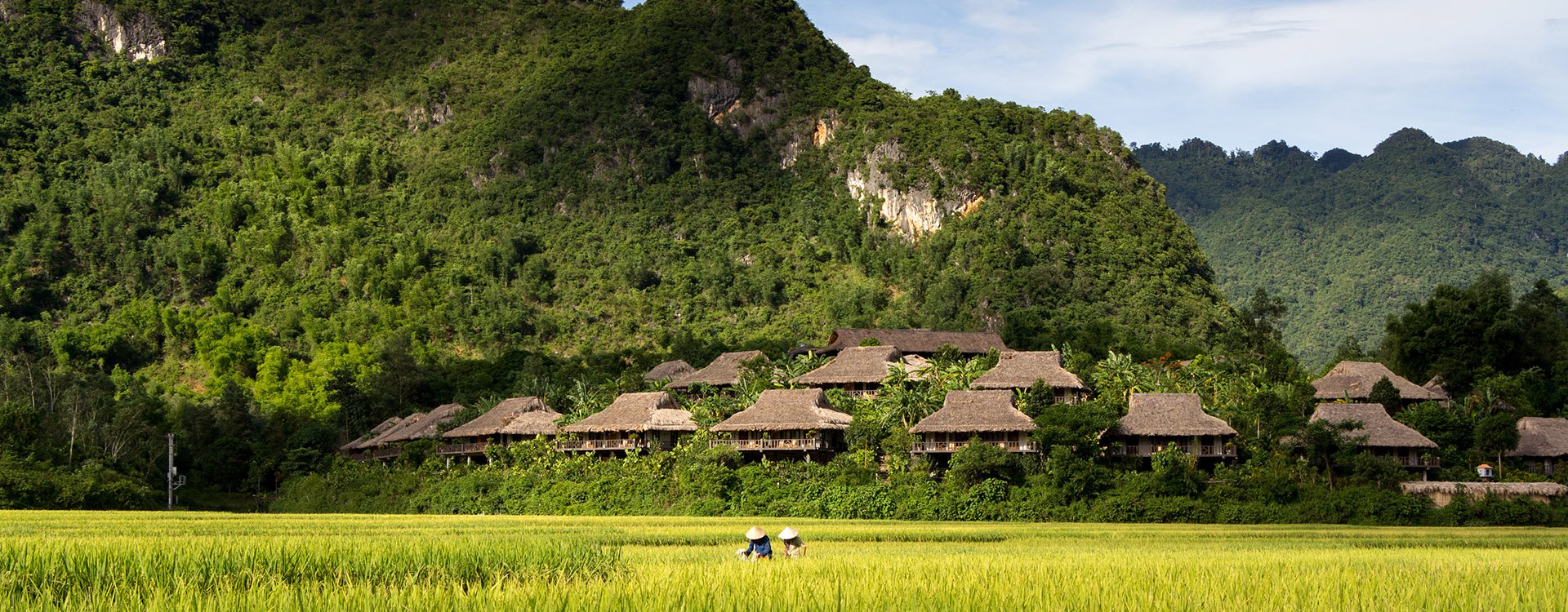 A cluster of homestays on a hillside and rice field in Mai Chau Vietnam