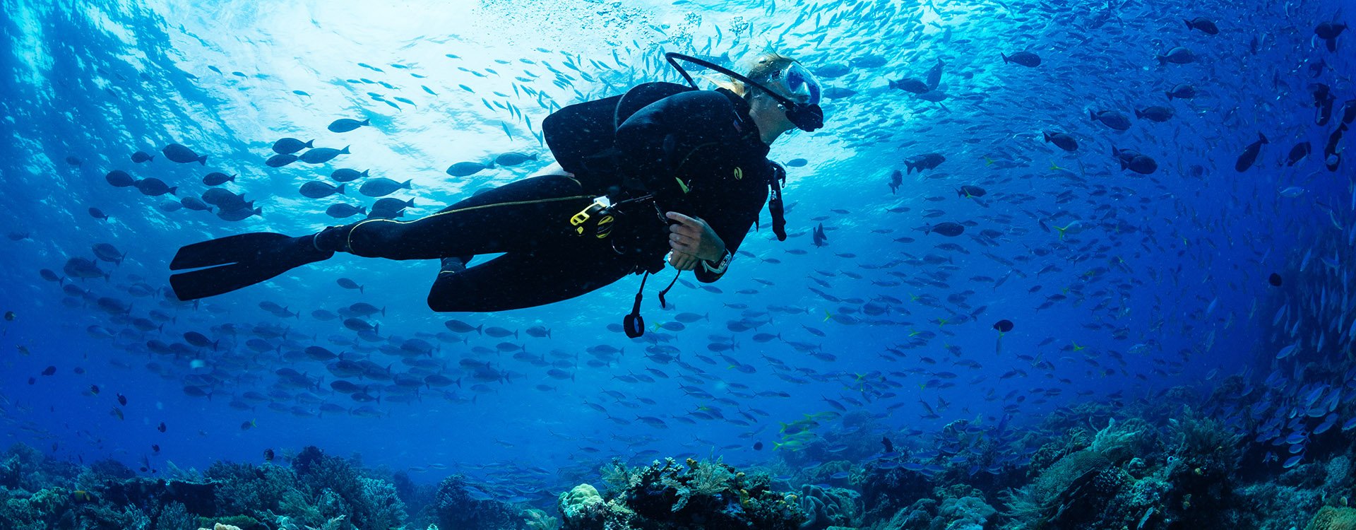 Girl Scuba Diver Diving on tropical reef