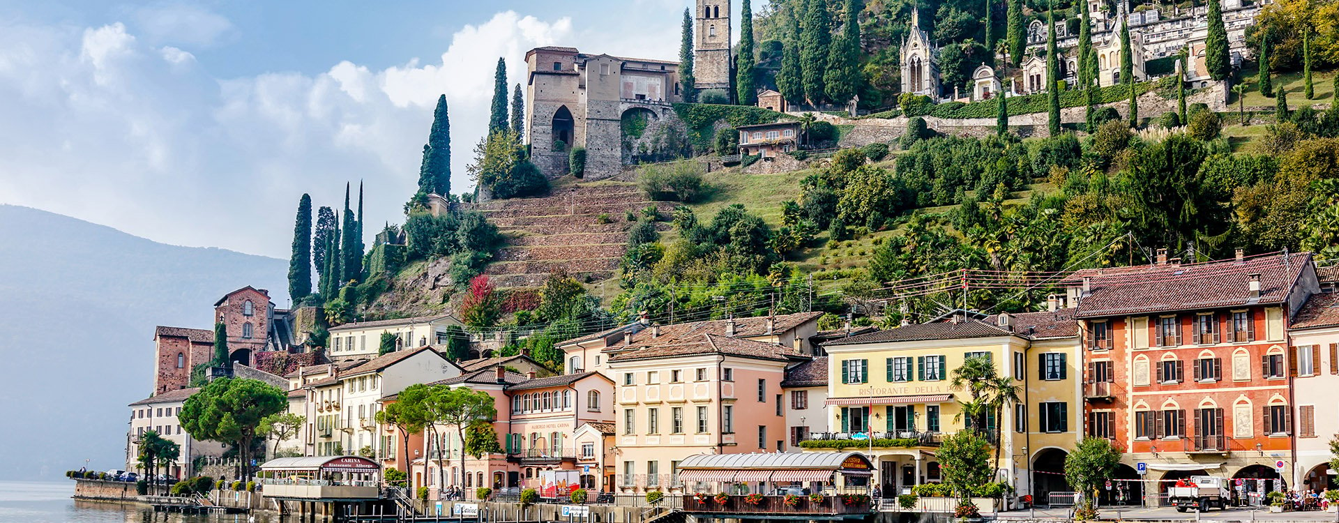 Waterfront view of Morcote village on Lake Lugano, Switzerland. Morcotte is considered "The Pearl of Cerasio"