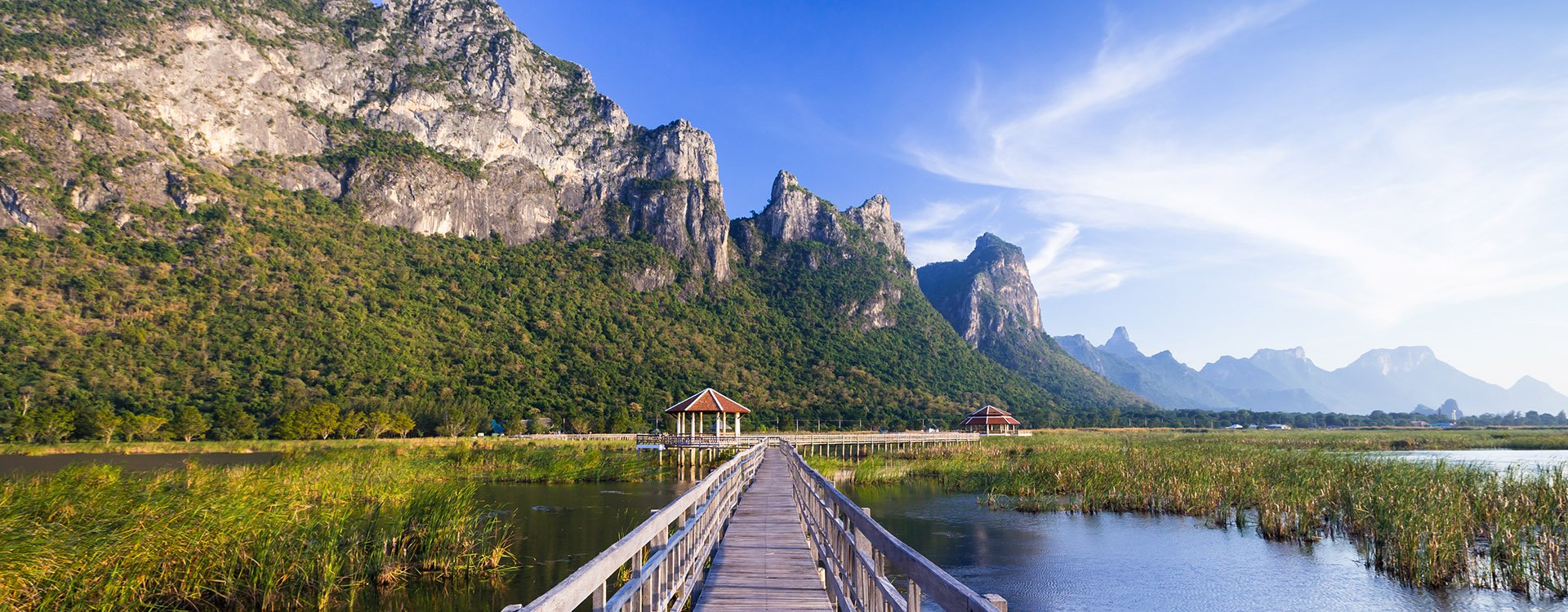 Wooden bridge over a lake in Sam Roi Yod National Park, Prachuap Khiri Khan, Thailand