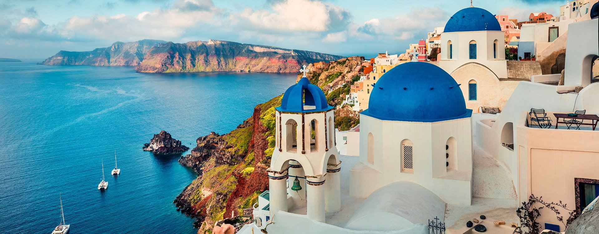 Stunning morning panorama of Santorini island.