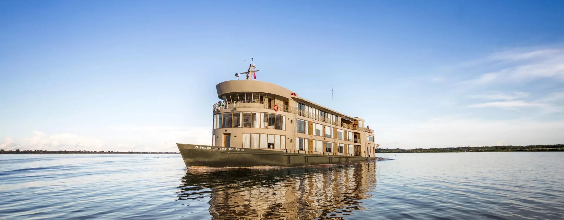 small luxury cruise ship on the peruvian amazon river