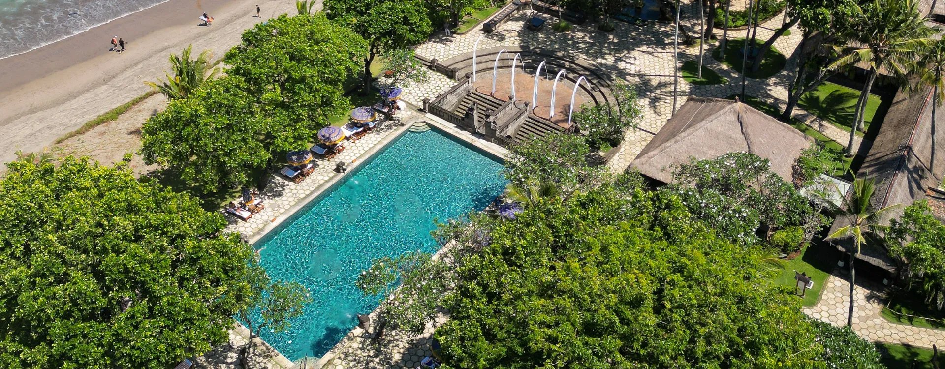 ariel view of resort pool in bali oberoi