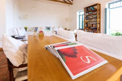Living room with sofas and magazines