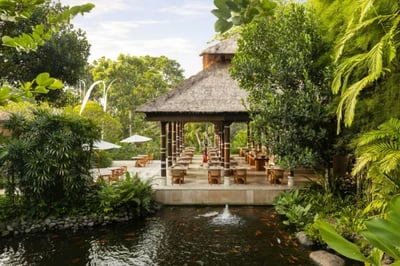 Outdoor terrace with fountains at COMO Uma Ubud Bali