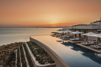 Sunset view from the pool at One&Only Kea Island, Greece